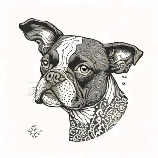 A Boston terrier surrounded by intricate cell culture patterns tattoo design idea