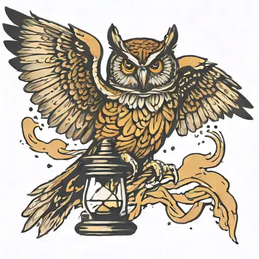 owl holding hour glass with sand falling with outstretched wings and dark background tattoo design idea