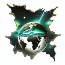 Meteor invading earth globe with northern lights turned tattoo design idea