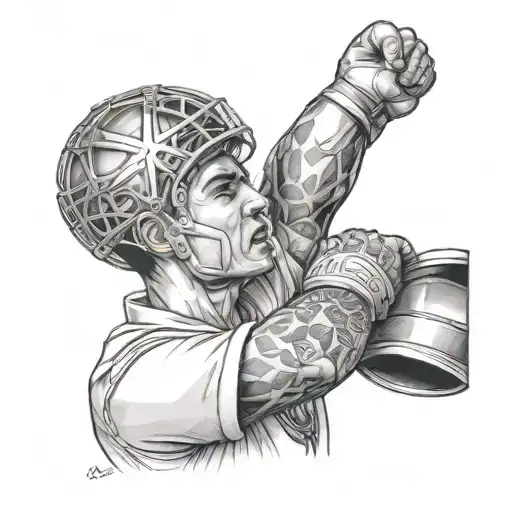 A dynamic portrait of Oliver Atom in a heroic pose, holding the world cup trophy tattoo design idea