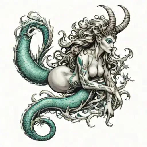 capricorn siren full body teal tattoo design idea