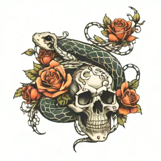 Snake winding through a skeleton surrounded by roses and barbed wire tattoo design idea
