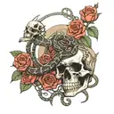 Snake winding through a skeleton surrounded by roses and barbed wire tattoo design idea