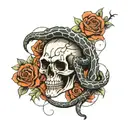 Snake winding through a skeleton surrounded by roses and barbed wire tattoo design idea