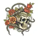 Snake winding through a skeleton surrounded by roses and barbed wire tattoo design idea