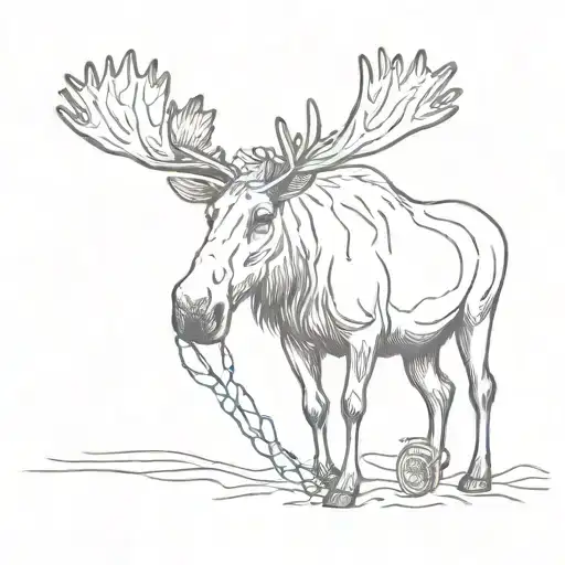 Line work or outline only tattoo of a moose with a mangled bicycle on the ground and a stuff platypus toy on his antlers tattoo design idea