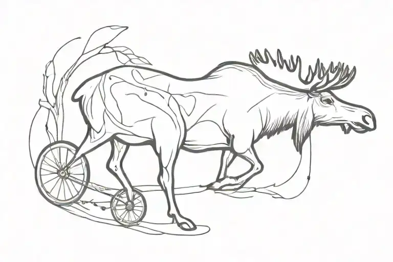 Line work or outline only tattoo of a moose with a mangled bicycle on the ground and a stuff platypus toy on his antlers tattoo design idea