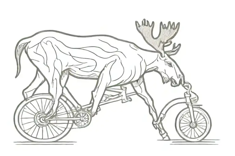 Line work or outline only tattoo of a moose with a mangled bicycle at his feet and a stuff platypus toy on his antlers tattoo design idea