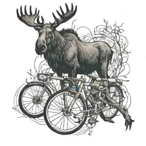 Line work or outline only tattoo of a moose with a mangled bicycle at his feet and a stuff platypus toy on his antlers tattoo design idea