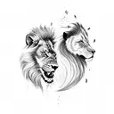 A lion and wolf facing each other in a fierce battle, representing strength and loyalty tattoo design idea