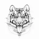 Half Tiger face Half Wolf face with teeth open tattoo design idea