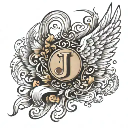 angel wings and letter J tattoo design idea