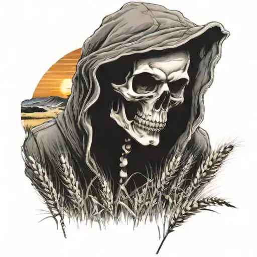 skeleton wearing hoodie with hood down and field of wheat with sunset and combine in background tattoo design idea