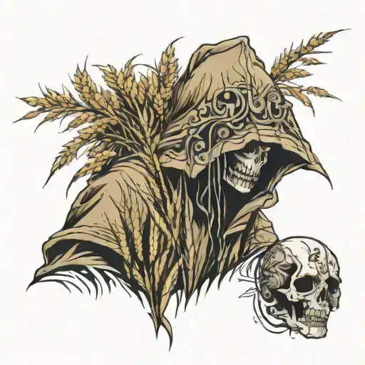 skelliton with hoodie in wheat field tattoo design idea