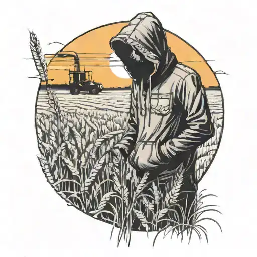 man wearing hoodie with hood down and field of wheat with sunset and combine in background tattoo design idea