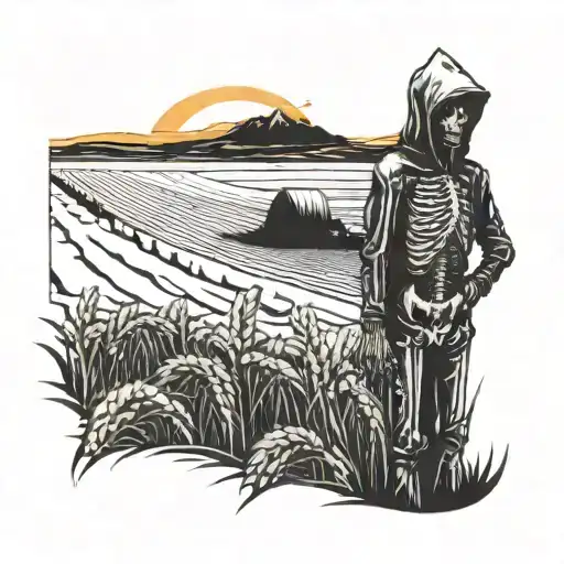 skeleton wearing hoodie with hood down and field of wheat with sunset and combine in background tattoo design idea