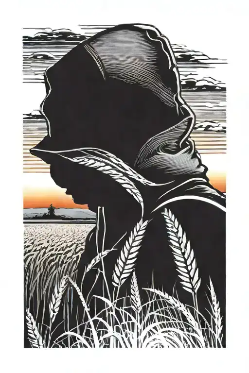 man wearing hoodie with hood down and field of wheat with sunset and combine in background tattoo design idea