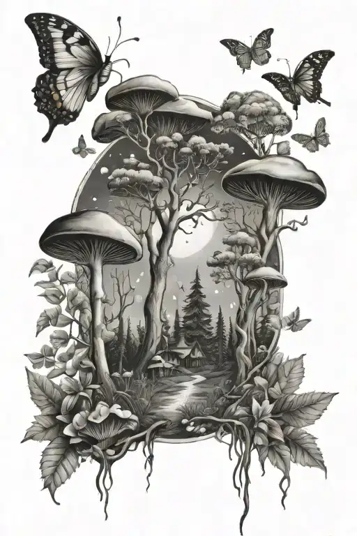 magical forest landscape with trees, mushrooms, moon, stars, butterflies   tattoo design idea