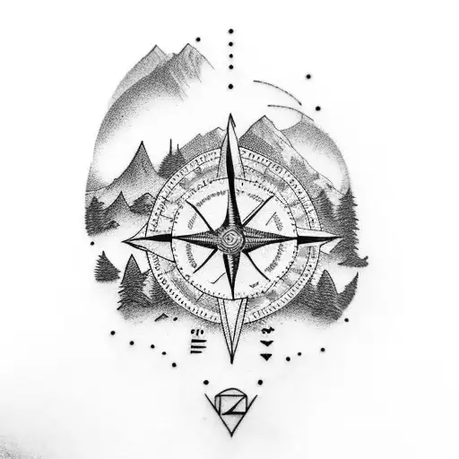 leg nature sleeve with mountains, and compass, and lone hiker tattoo design idea
