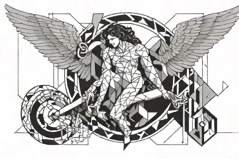 Fallen angel painting with geometric figures and Latin letters tattoo design idea