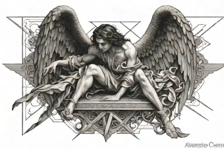 Fallen angel painting by Alexandre Cabanel with Latin letters around it tattoo design idea