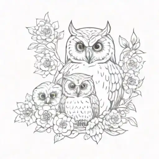 mother owl with two babies and flowers surrounding tattoo design idea