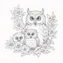mother owl with two babies and flowers surrounding tattoo design idea