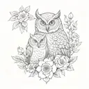 mother owl with two babies and flowers surrounding tattoo design idea