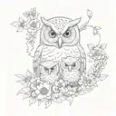 mother owl with two babies and flowers surrounding tattoo design idea