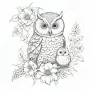 mother owl with two babies and flowers surrounding tattoo design idea