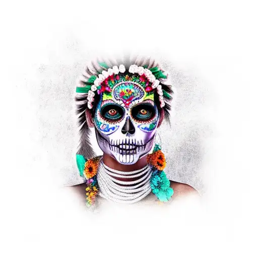 An beautiful indian women with dias de los muertos calavera face paint  tattoo design idea