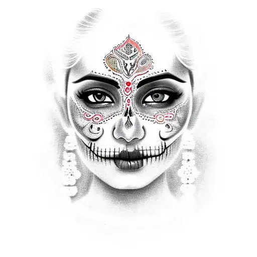 An beautiful south indian women with dias de los muertos calavera face paint  tattoo design idea