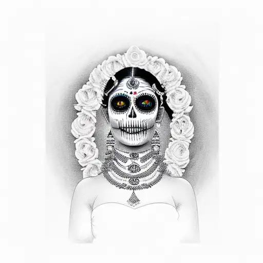 portrait of a beautiful south indian women with dias de los muertos calavera face paint  tattoo design idea