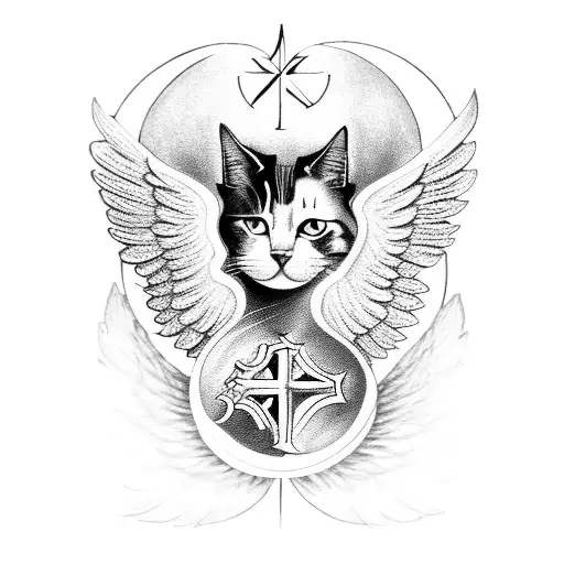 A cat with angel wings surrounded by religious symbols tattoo design idea