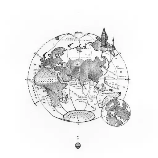 A dotwork tattoo featuring a detailed map of all the places you've traveled with a small cat silhouette in each location tattoo design idea
