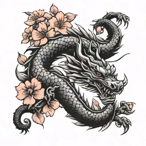 Incorporate a traditional Japanese dragon with cherry blossom flowers wrapping around a Toyota Supra car silhouette tattoo design idea