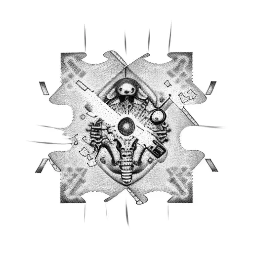 A dotwork tattoo of a medical cross composed of interconnected puzzle pieces tattoo design idea