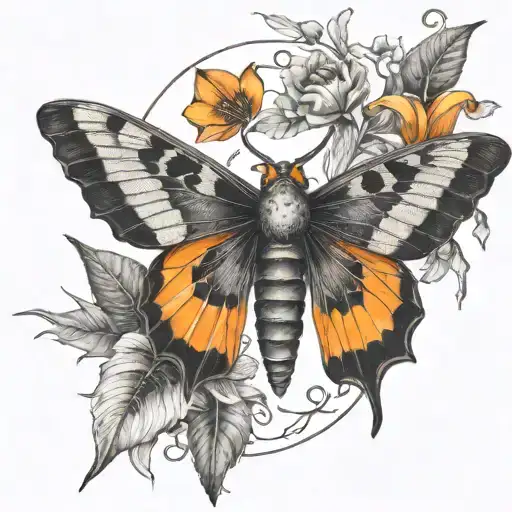 death head hawk moth with black and orange daylilys and crescent moon.  tattoo design idea