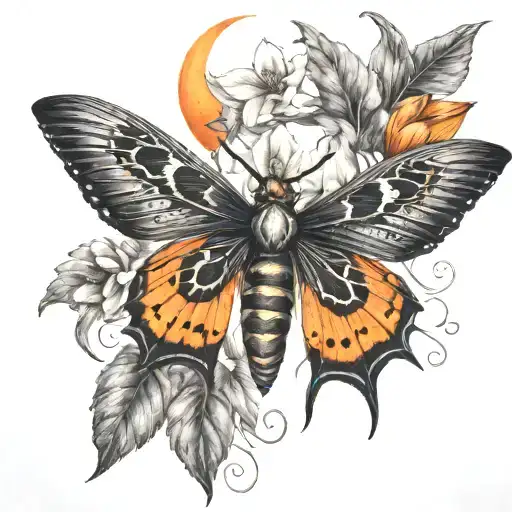 death head hawk moth with black and orange daylilys and crescent moon.  tattoo design idea