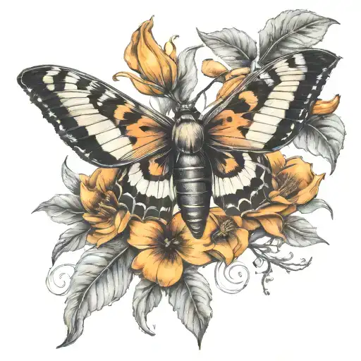 death head hawk moth with black and orange daylilys and crescent moon.  tattoo design idea