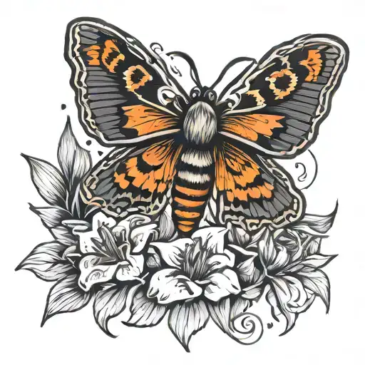death head hawk moth with black and orange daylilys and crescent moon.  tattoo design idea
