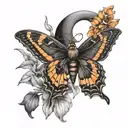 death head hawk moth with black and orange daylilys and crescent moon.  tattoo design idea