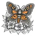 death head hawk moth with black and orange daylilys and crescent moon.  tattoo design idea