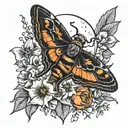 death head hawk moth with black and orange daylilys and crescent moon.  tattoo design idea