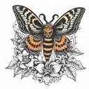 death head hawk moth with black and orange daylilys and crescent moon.  tattoo design idea