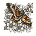 death head hawk moth with black and orange daylilys and crescent moon.  tattoo design idea