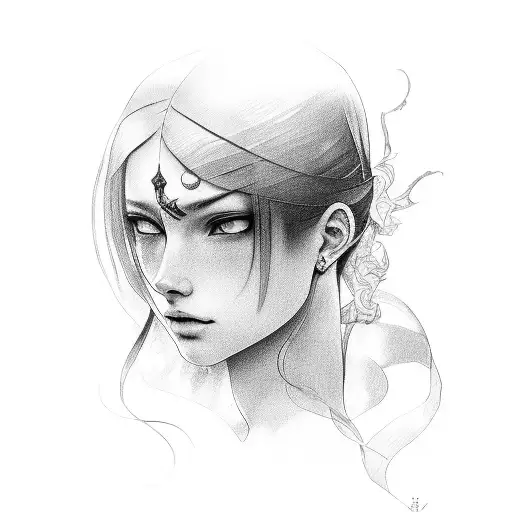 A beautiful girl with a serious face and long hair who has a sword in one hand and a scale in the other. tattoo design idea