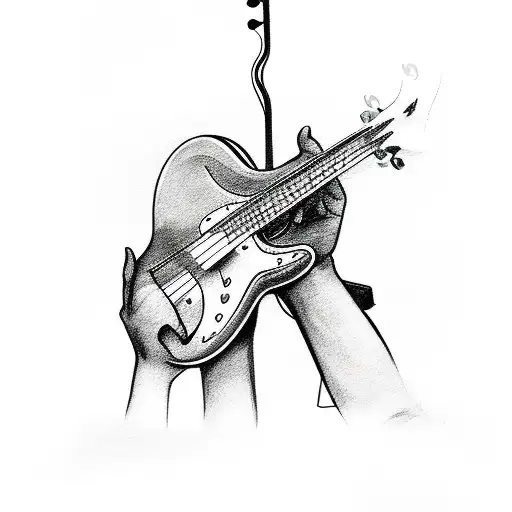 hands playing bass guitar, jazz, realistic tattoo design idea