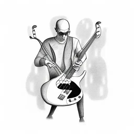 hands playing bass guitar, jazz, realistic tattoo design idea