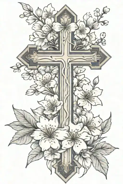fine line cross with cherry blossom flowers and the quote " Heavily protected by God" tattoo design idea